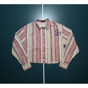 Striped Cropped Button Up Shirt Women's Medium‎ Preppy Long Sleeve Retro Casual